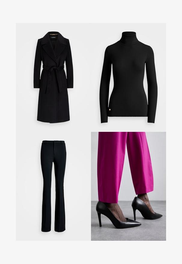 Palton negru din lână, cu rever ascuțit, mâneci lungi, talie cu curea și siluetă dreaptă. Textură netedă, fără modele.; Pulover negru cu guler înalt, din material ribat, cu mâneci lungi și un design ajustat, având un mic logo auriu accent la tiv. Material moale, texturat.; Pantaloni negri evazați dintr-un material neted, cu talie ajustată și deschideri largi la tiv. Au un design clasic și linii curate.; Pantofi cu toc înalt negri, cu un design cu vârf ascuțit și o textură netedă din piele. Asortați cu pantaloni roz aprins, tăiați pe măsură.