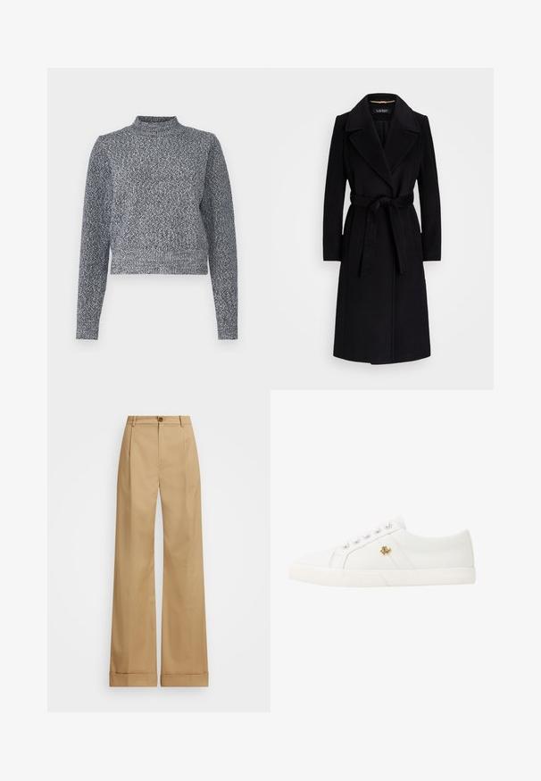 Mustahakkopäinen musta villatakki, jossa on kauluspanta, pitkät hihat, vyötäröläpinä ja suora siluetti. Pehmeä pinta ilman kuvioita.; Sinih ja valge kudum, millel on kõrge kaelus, pikad varrukad ja lühike lõige; sisaldab tekstuurset, täpilist disaini.; Musta, teksturoidusta kankaasta valmistettu poolopaita, jossa on kaulus, lyhyet hihat ja kultaiset napit sisältävä nappilista. Rinnan alueella hienovarainen logodetaili.; Vaaleanbeige leveälahkeiset housut, joissa on nappikiinnitys. Housuissa on sileä pinta ja taitteet. Taskujen alaosat on käännetty yksityiskohtien lisäämiseksi.; Lauren Ralph Lauren JANSON II CANVAS SNEAKER - Matalavartiset tennarit - optic white