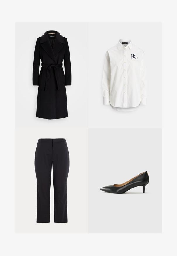 Černý vlněný kabát s klopami, dlouhými rukávy, páskem v pase a rovnou siluetou. Hladká textura bez vzorů.; Bílá bavlněná košile s dlouhými rukávy, špičatým límečkem a námořnicky modrým logem vyšitým na levé straně hrudi. Zaoblený spodní lem.; Černé kalhoty s přiléhavým střihem, vyrobené z hladké tkaniny, se středním pasem a rovnými nohavicemi. Žádné viditelné kapsy ani ozdoby.; Černé kožené lodičky s špičatou špičkou, nízkým podpatkem a hladkým povrchem. Mají mírné otevření vpředu a minimální kovové prvky na zadní straně.