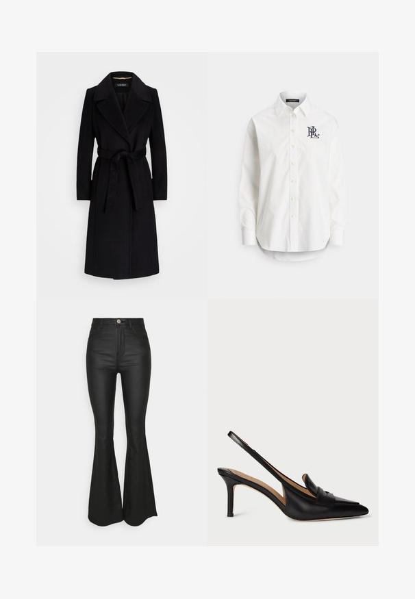 Palton negru din lână, cu rever ascuțit, mâneci lungi, talie cu curea și siluetă dreaptă. Textură netedă, fără modele.; Cămașă albă cu nasturi din bumbac, cu mâneci lungi, guler ascuțit și un logo bleumarin brodat pe pieptul stâng. Tiv rotunjit în partea de jos.; Jeans negri evazați, dintr-un material neted și elastic. Design cu talie înaltă, cu închidere cu un buton și fermoar în față.; Pantofii slingback din piele neagră, cu vârful ascuțit, toc mic și curea decorativă peste glezna piciorului. Textură netedă și design minimalist.