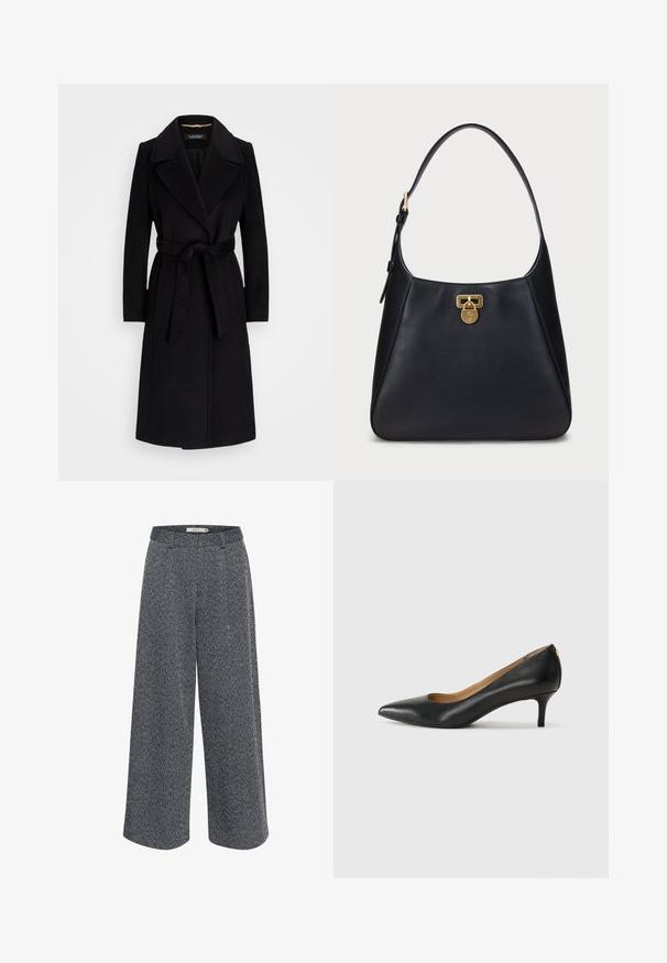 Črna volnena plašča z izrezanimi reverji, dolgimi rokavi, pasom z bretele in ravno silhueto. Gladka tekstura brez vzorcev.; Srajca z gumbom v lahkem materialu, z navpičnimi črno-belimi črtami, s koničastim ovratnikom, dolgimi rokavi in zaobljenim robom.; Široke hlače v črno-belem houndstooth vzorcu, ki imajo gladek pas in teksturirano tkanino za dodatno globino.; Črne usnjene črpalke s koničastim nosom, nizko peto in gladko teksturo. Imajo rahlo odprtino spredaj in minimalno opremo zadaj.; Črna usnjena torbica čez ramo s klenjeno obliko, ki vključuje zlato zaklepanje in zaokrožen pas. Gladka tekstura z minimalnimi detajli.