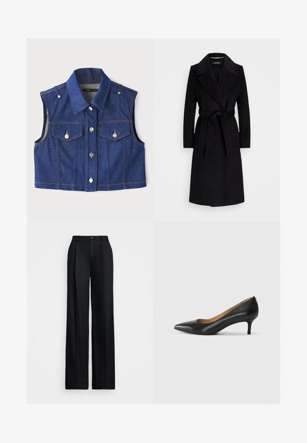 Juodas vilnonis paltas, turintis išpjautą apykaklę, ilgomis rankovėmis, su diržu juosmenyje ir tiesia siluetu. Lygus paviršius be raštų.; Mėlynas džinsinis nesijoninis liemenė su smailiu apykakle, metaliniais spaustukais, dviem krūtinės kišenėmis ir kontrastingais oranžiniais siūlais.; Juoda plati kelnė su lygiu paviršiumi, plokščiu priekiu, diržo kilpos ir vienu mygtukiniu užsegimu juosmens. ; Juodos odinės aukštakulnės bateliai su smailiu nosiu, žemu kulnu ir lygiu paviršiumi. Priekyje yra nedidelis atvirumas, o gale minimalus apdaila.