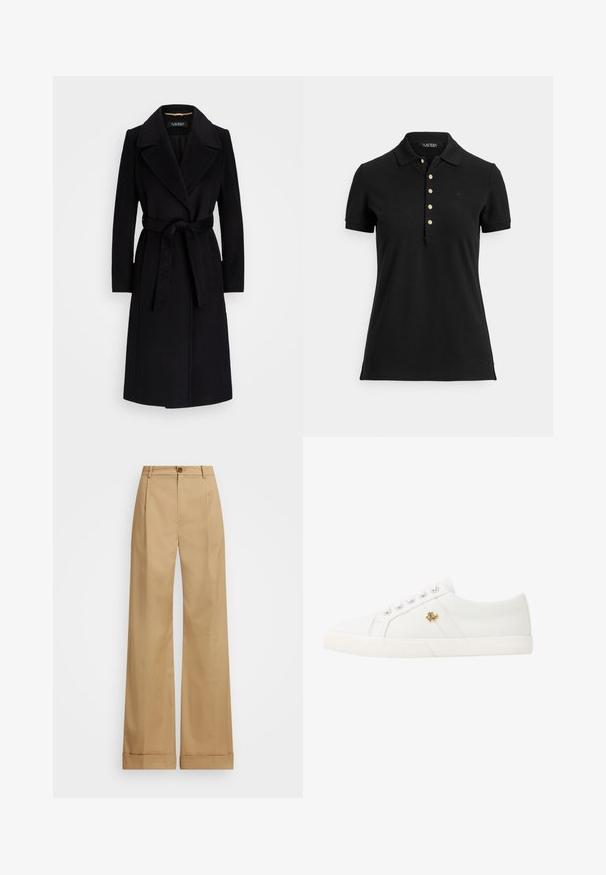 Black wool coat featuring a notched lapel, long sleeves, a belted waist, and a straight silhouette. Smooth texture with no patterns.; Black polo shirt made of textured fabric, featuring a collar, short sleeves, and a placket with gold buttons. Subtle logo detail on the chest.; Beige wide-leg trousers with a button closure, featuring a smooth texture and pressed creases. Cuffed hems for added detail.; Lauren Ralph Lauren JANSON II CANVAS SNEAKER - Trainers - optic white