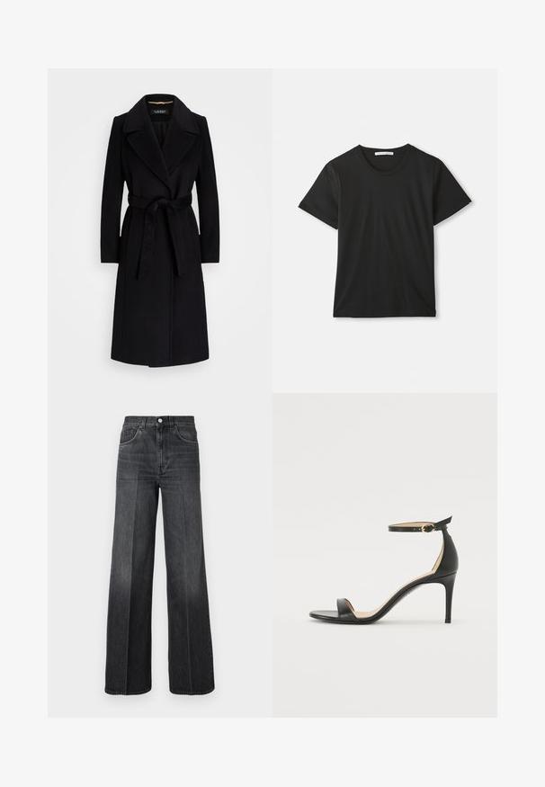 Črna volnena plašča z izrezanimi reverji, dolgimi rokavi, pasom z bretele in ravno silhueto. Gladka tekstura brez vzorcev.; Črna kratka majica s kratkimi rokavi in okroglo ovratnikom iz bombaža, ležijo ravno na belem ozadju, z vidno blagovno oznako znotraj ovratnika.; Široke jeans hlače v temno sivi denimu, z visokim pasom, zankami za pas in klasičnim pet-imernim dizajnom. Nežna izbledelost spredaj.; Črne usnjene sandale s peto, ki imajo priponko za gleženj. Imajo gladko teksturo, odprt prst in tanek peto. Podrobnost z zlatim sponko.
