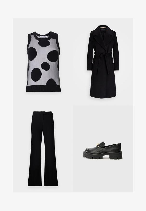 Black wool coat featuring a notched lapel, long sleeves, a belted waist, and a straight silhouette. Smooth texture with no patterns.; Black and gray sleeveless knit top featuring large black polka dots on a light gray background. Ribbed neckline and hem.; Black flared pants featuring a smooth texture, tailored waistband, and front pockets, designed with a sleek, modern silhouette.; Black leather loafers with a chunky sole, featuring a gold-tone accent on the front and a smooth finish. Chunky tread design on the sole.
