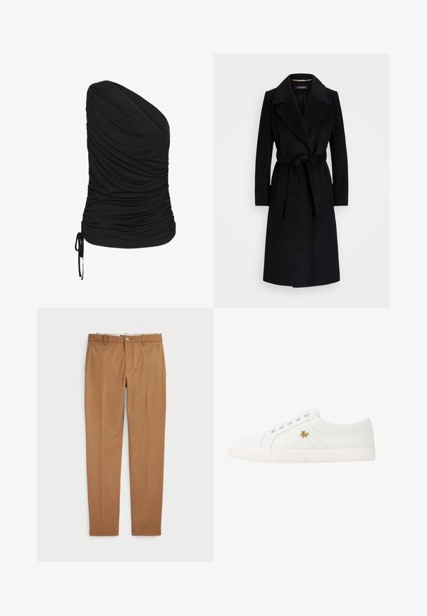 Mustahakkopäinen musta villatakki, jossa on kauluspanta, pitkät hihat, vyötäröläpinä ja suora siluetti. Pehmeä pinta ilman kuvioita.; Mustat, yhdelle olalle sopivat paita, joka on valmistettu joustavasta materiaalista. Etuosassa on rypytys ja hemman kohdalla nyöritys.; Ruske puuvillapüksid kitsas lõikega, siledad ees ja tavalised taskud; sile tekstuur ja äärekasutusega varrukad.; Lauren Ralph Lauren JANSON II CANVAS SNEAKER - Matalavartiset tennarit - optic white