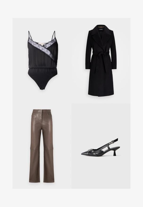 Črna volnena plašča z izrezanimi reverji, dolgimi rokavi, pasom z bretele in ravno silhueto. Gladka tekstura brez vzorcev.; Črn bodi z tankimi naramnicami, ki ima čipkast prekrivni sloj in raztrgane robove ob izrezu ter kontrastno diagonalno ploščo. Gladka tekstura tkanine.; Rjave visokotonirane hlače iz umetnega usnja s straight nogavicami, sprednjimi žepi, zankami za pas in skritim sprednjim zapiranjem.; Črne usnjene sandale središnje zaponke z ostro konico, okrasnimi trakovi z kovinskimi očesi in nizko blokasto peto. Teksturirana površina.