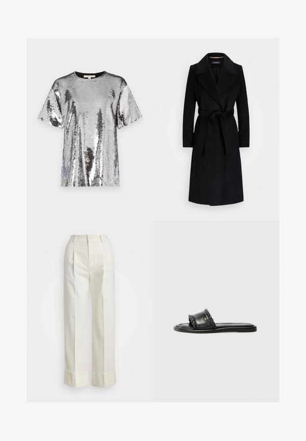Cappotto di lana nera con rever a scollo, maniche lunghe, vita con cintura e silhouette dritta. Texture liscia senza pattern.; Top in paillettes argento con scollatura rotonda nera, maniche corte e una vestibilità ampia, caratterizzato da una superficie lucida e strutturata.; Pantaloni bianchi su misura con vita alta, doppie pieghe frontali e gamba larga con risvolti. Realizzati in un tessuto liscio e strutturato.; Sandal in pelle nera con dettaglio a strappo intrecciato, suola piatta e design elegante. Texture liscia e profilo minimalista.
