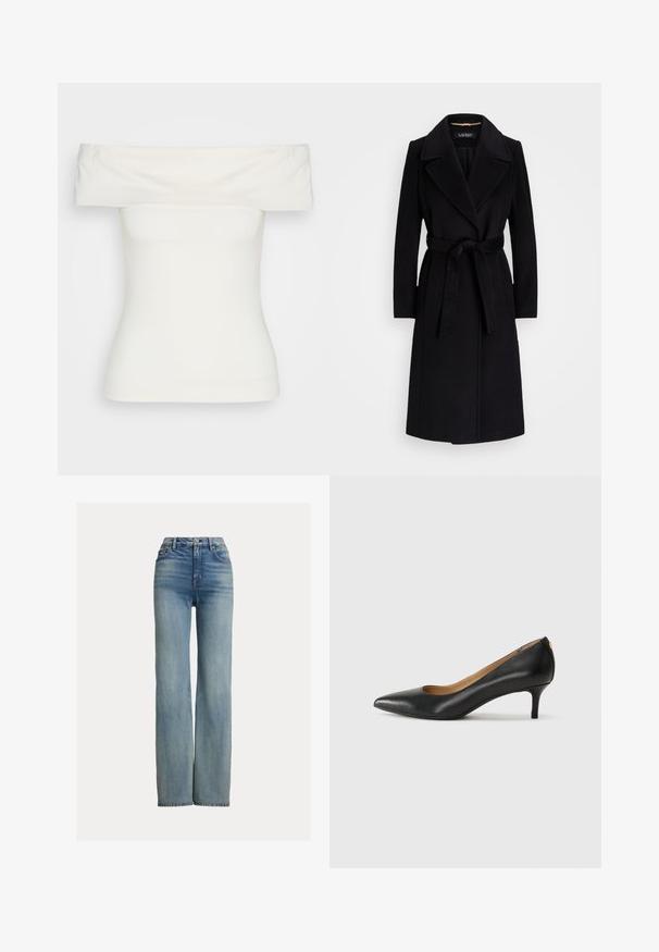 Must musta mantel, millel on järjekohaga krae, pikad varrukad, vöödiga talje ja sirge siluett. Sile tekstuur ilma mustriteta.; Valge õlgadelt avatud tops, valmistatud venivast materjalist, sobituv disain, sile tekstuur laia kaelusega ja lühikeste varrukatega. Ilma mustrite või aktsentideta.; Kõrge vöökohaga sirged sinised teksad, millel on ees taskud, vöörihmade augud ja nupuga kinnitamine, ning peened pleekinud detailid.; Must musta musta, millel on terav nina, madal konts ja sile tekstuur. Omab pisut avatud osa ees ja minimaalset riistvara taga.