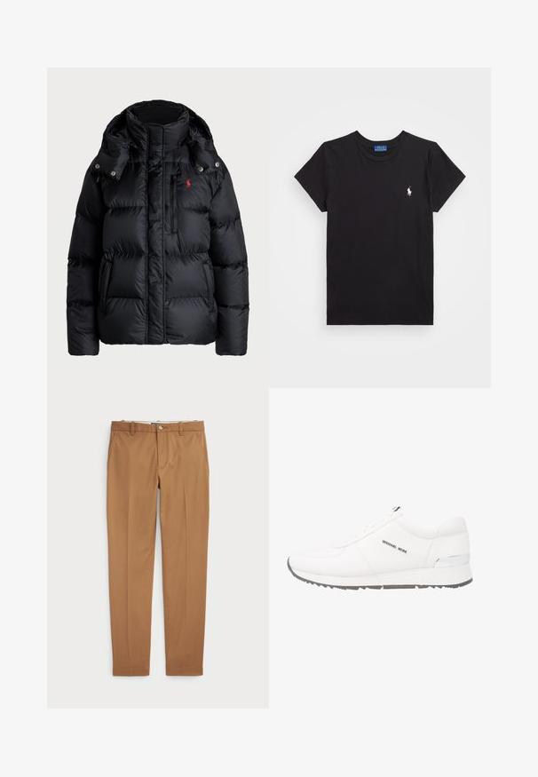 Chaqueta de plumas negra con cuello alto, capucha desmontable, cremallera frontal, costuras horizontales y un logotipo rojo en la parte superior izquierda.; Camiseta de algodón negra con escote redondo, mangas cortas y un logo bordado en blanco en el lado izquierdo del pecho. Textura suave, diseño casual.; Pantalones de algodón marrón con un diseño ajustado, parte delantera plana y bolsillos estándar; textura suave y puños dobladillos.; Zapatilla de cuero blanca con una textura suave, suela de goma gris, siete ojetes y un acento plateado en el talón. Logo exhibido en el costado.