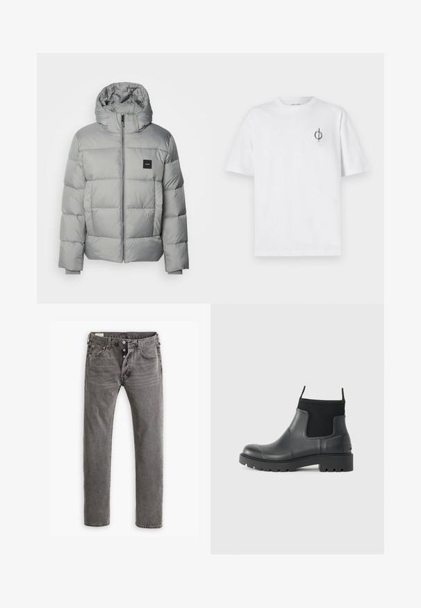 Halli sulejope, millel on kapuuts, lukuga, kvadratuurse disainiga ja väike must logo plaastriga vasakul rinnal. Sile tekstuur.; Valge puuvillane t-särk lõdva sobivusega, millel on vasakul rinnal väike must graafiline logo. Lühikesed varrukad, ümmargune kaelus.; Hallid hallid teksad sirge lõikega, nööpidega lukuga, viie tasku disainiga ning oranžad õmblused õmbluste juures.; Mustad mustadest kummist ankle'ide saapad, millel on matt viimistlus, sujuv disain, elastsed paneelid ja paks tald, mis tagab haarduvuse.