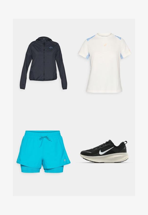 Casaco corta-vento leve, azul marinho, com fecho integral, capuz e logotipo no lado superior esquerdo do peito. Tecido suave e resistente à água.; T-shirt leve de manga curta em creme com painéis laterais azuis. Apresenta um logotipo laranja no peito e detalhes de costura contrastantes.; Calções atléticos azul água com cintura com cordão, apresentando um design em camadas e calções interiores ajustados, feitos de um tecido leve e elástico.; Sapatilha de corrida Nike preta com parte superior de malha respirável, logotipo Swoosh branco, detalhes texturizados e uma entressola ZoomX na cor creme.