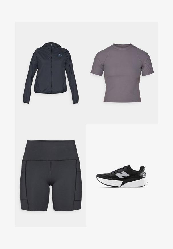 Veste coupe-vent légère de couleur bleu marine avec fermeture éclair intégrale, capuche et logo sur le haut à gauche de la poitrine. Tissu lisse et résistant à l'eau.; Haut à manches courtes et col montant en tissu gris côtelé. Design ajusté avec coutures plates et texture lisse. Pas de motifs ni de graphiques.; Shorts noirs taille haute en tissu extensible, dotés de poches latérales, de coutures planes et d'une texture lisse pour un confort optimal lors des activités.; Chaussure de course New Balance noir et blanc avec semelle épaisse, tige en mesh et logo "N" sur le côté, vue de l'extérieur.