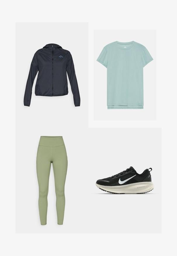 Giacca a vento leggera di colore blu navy, con zip completa, cappuccio e logo sulla parte superiore sinistra del petto. Tessuto liscio e resistente all'acqua.; T-shirt azzurro a maniche corte realizzato in tessuto morbido, con scollo rotondo e orlo dritto. Texture semplice e liscia, senza motivi.; Leggings a vita alta di colore verde oliva. Realizzati in tessuto elasticizzato con una texture liscia, presentano cuciture cucite lungo le gambe.; Scarpa da corsa nera Nike con tomaia in rete traspirante, logo Swoosh bianco, dettagli testurizzati e intersuola ZoomX di colore crema.
