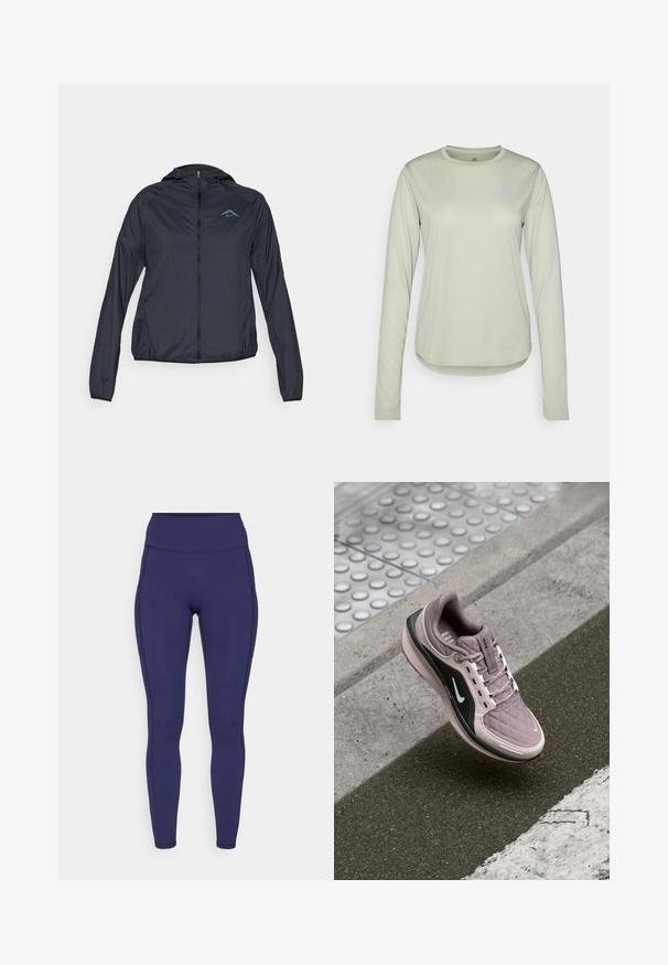 Lichte, marine blauwe windbreaker met een volledige rits, capuchon en logo op de bovenste linkerkant van de borst. Glad, waterafstotend stof.; Lange mouwen lichtgroen shirt gemaakt van gestructureerde stof, met een ronde halslijn en een klein logo op de linkerkant van de borst.; Maritime hoge taille leggings gemaakt van rekbaar materiaal. Heeft platte naden en een strakke pasvorm, met twee zijzakken voor opslag.; Lichtpaarse sportieve schoen met een gebreide textuur, zwarte zijkanten en een wit logo. Heeft veters en een gevoerde zool voor comfort.