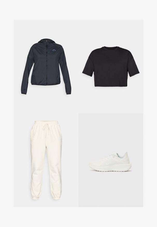 Cazadora ligera de color azul marino con cremallera completa, capucha y logo en la parte superior izquierda del pecho. Tejido suave y resistente al agua.; Camiseta negra corta hecha de tejido suave, con un escote redondo y mangas cortas y amplias, con un diseño simple y sin costuras.; Sudadera de color crema hecha de tejido suave, con cinturilla elástica y cordón, bolsillos laterales y puños ajustados en los tobillos.; Zapatillas deportivas blancas con un upper texturizado, cuello acolchado y cierre de cordones. Presentan una suela curva y un sutil logotipo en el lateral.