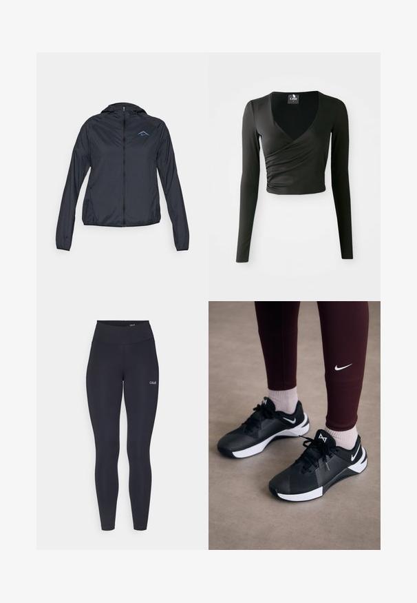 Gaišs, tumši zilas krāsas vējjaka ar pilnu rāvējslēdzēju, kapuci un logotipu kreisajā augšējā krūtī. Gluda, ūdensizturīga auduma.; Melns, garām piedurknēm cropped top ar dziļu V-veida kakla izgriezumu, ar iepakota dizainu un gludu, elastīgu audumu. Tīrs, minimālists stils.; Melnas legingi ar augstu jostu, izgatavoti no elastīga auduma, ar nelielu baltu logo uz augšstilba un gludu tekstūru.; Melni sporta apavi ar strukturētu virsmu un baltām akcentēm, ar auklām un sānu logo. Nēsāti ar bordo legingiem un gaišām zeķēm.