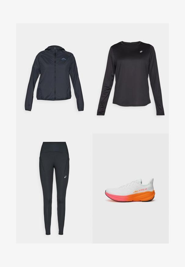 Lehká, námořnická modrá větrovka s plným zipem, kapucí a logem na horní levé části hrudi. Hladká, voděodolná tkanina.; Černé sportovní tričko s dlouhými rukávy vyrobené z lehkého materiálu. Obsahuje kulatý výstřih a malé logo na hrudi. Hladká textura.; Černé sportovní legíny s vysokým pasem, hladkým povrchem a bočními kapsami; na levé noze se nachází malé logo.; Bílé sportovní boty s texturovaným svrškem, které mají barevnou gradientní podrážku v oranžové a růžové barvě a výrazné logo na boku.