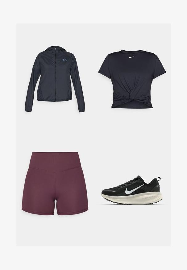 Könnyű, sötétkék széldzseki teljes cipzárral, kapucnival és logóval a bal felső mellrészen. Simaságával és vízálló anyagával tűnik ki.; Fekete sportpóló sima anyagból, elöl megkötős dizájnnal, a mellkason egy kis fehér Nike logóval.; Mauve színű sportnadrág, rugalmasságot biztosító anyagból készült, magas derékkal és sima textúrával, kontrasztos varrási részletekkel.; Fekete Nike futócipő légáteresztő hálós felsőrésszel, fehér Swoosh logóval, textúrázott részletekkel és krém színű ZoomX középtalppal.