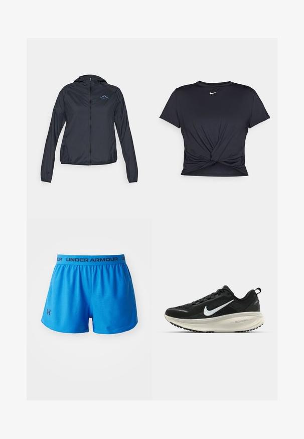 Leichter, navyblauer Windbreaker mit vollem Reißverschluss, Kapuze und Logo auf der oberen linken Brust. Glattes, wasserabweisendes Material.; Schwarzes Sport-T-Shirt aus glattem Stoff, mit einem geknoteten Vorderdesign und einem kleinen weißen Nike-Logo auf der Brust.; Blaue Sport Shorts aus leichtem Material. Mit einem elastischen Bund, der mit "UNDER ARMOUR"-Branding und einem kleinen Logo an der Seite versehen ist.; Schwarzer Nike-Laufschuh mit atmungsaktivem Mesh-Obermaterial, weißem Swoosh-Logo, strukturierten Details und einer cremefarbenen ZoomX-Zwischensohle.