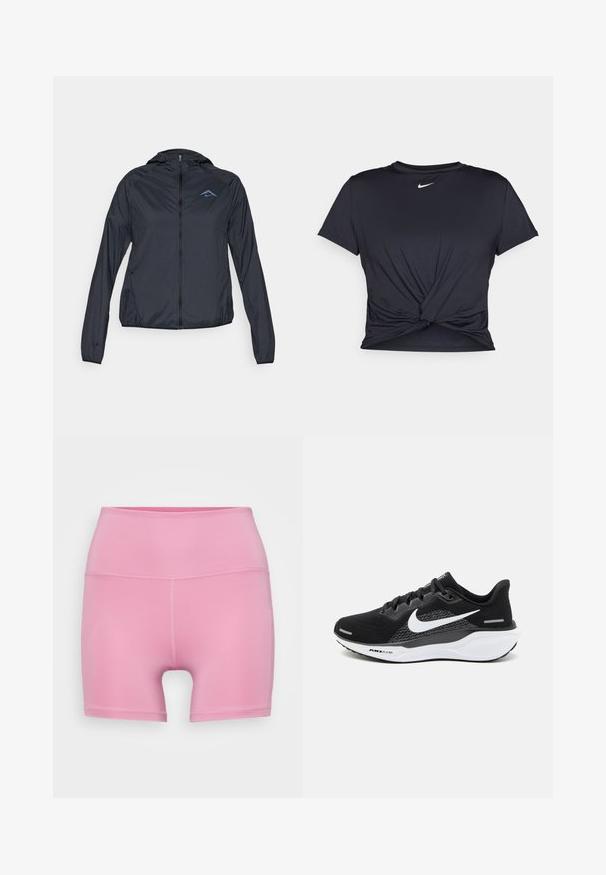Lahka, temno modra vetrovka z zadrgo, kapuco in logotipom na zgornjem levem prsnem delu. Gladka, vodoodporna tkanina.; Črna atletska majica iz gladkega materiala, z vozlanim sprednjim delom in majhnim belim logotipom Nike na prsih.; Visoko pasjene roza športne hlače iz raztegljivega materiala, ki se odlikujejo po gladki teksturi in minimalnih šivih za udobje in gibljivost.; Črne športne superge z mrežastim zgornjim delom, belim Nike logo-jem in belim blaženim podplatom z teksturiranimi detajli.