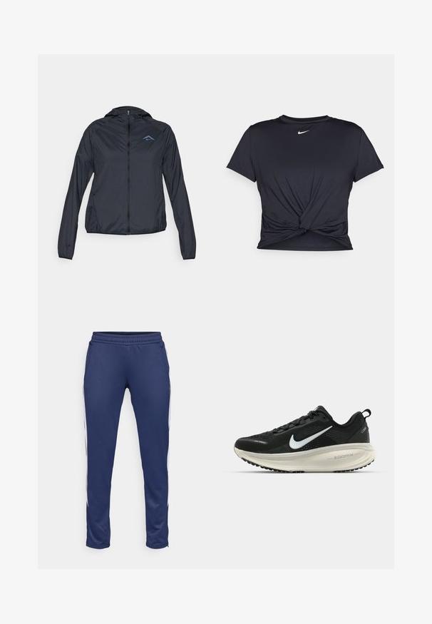 Lätt, marinblå vindjacka med full dragkedja, huva och logotyp på övre vänstra bröstet. Slätt, vattentåligt tyg.; Svart atletisk t-shirt i mjukt tyg, med en knuten framdesign och en liten vit Nike-logga på bröstet.; Marina träningsbyxor i mjukt tyg, med en avsmalnande design, elastisk midja och vita sidostreck. Inkluderar två fickor.; Svart Nike löparsko med andningsbart mesh-ovandel, vit swoosh-logotyp, texturerad detaljering och en krämfärgad ZoomX-mellansula.