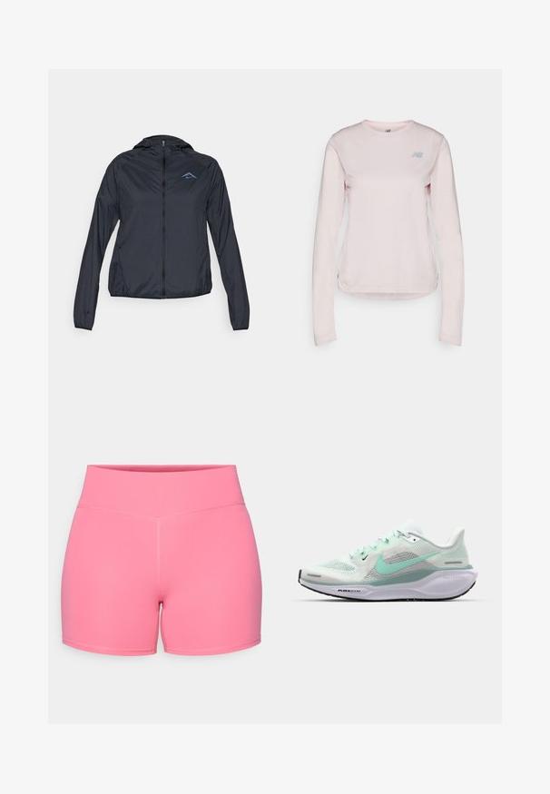 Giacca a vento leggera di colore blu navy, con zip completa, cappuccio e logo sulla parte superiore sinistra del petto. Tessuto liscio e resistente all'acqua.; Maglietta a maniche lunghe di colore rosa chiaro con scollatura rotonda, tessuto testurizzato e un piccolo logo grigio sul petto. Orlo liscio nella parte inferiore.; Pantaloni sportivi rosa con una texture liscia, vita alta e cuciture piatte, progettati per garantire comfort e flessibilità durante l'attività fisica.; Scarpa da corsa leggera con tomaia in mesh traspirante bianco e verde menta. Presenta dettagli in TPU, una soletta imbottita e suola testurizzata.
