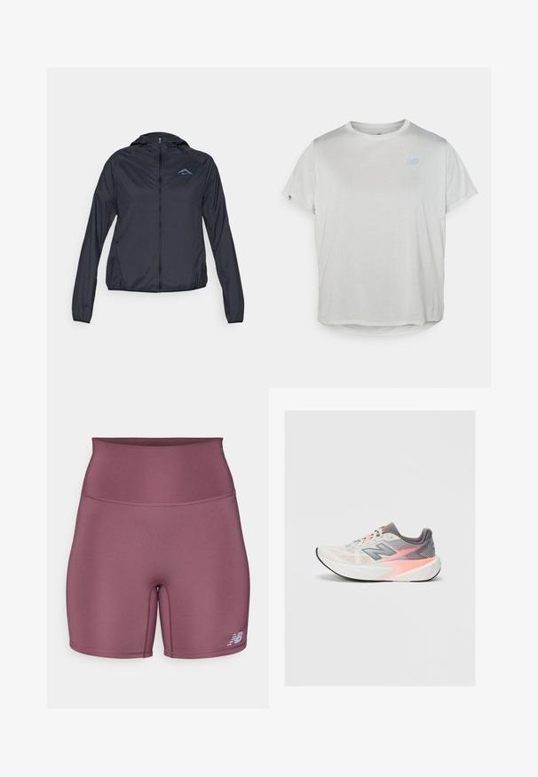 Veste coupe-vent légère de couleur bleu marine avec fermeture éclair intégrale, capuche et logo sur le haut à gauche de la poitrine. Tissu lisse et résistant à l'eau.; T-shirt athlétique gris clair à manches courtes avec un tissu en maille texturée et un logo bleu subtil sur le devant. Ourlet arrondi en bas.; Shorts de sport taille haute en violet muted, dotés d'un tissu lisse et extensible et d'un petit logo sur la jambe inférieure gauche.; Baskets de course New Balance grises claires et roses avec une épaisse semelle blanche et une semelle extérieure noire, vue de côté sur fond uni.