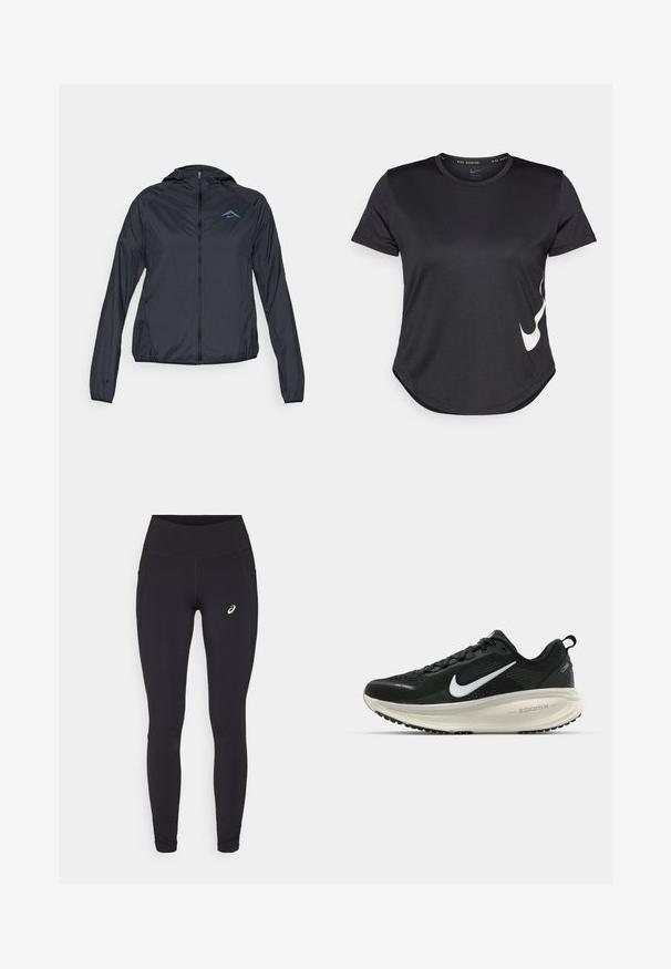 Lichte, marine blauwe windbreaker met een volledige rits, capuchon en logo op de bovenste linkerkant van de borst. Glad, waterafstotend stof.; Zwarte sportieve T-shirt met korte mouwen, voorzien van een witte Nike swoosh-logo aan de onderzijde en een ronde zoom.; ASICS NAGINO RUN ADJUSTABLE  - Hardlooplegging - performance black; Zwarte Nike hardloopschoen met ademend mesh bovenwerk, witte swoosh-logo, gestructureerde details en een crèmekleurige ZoomX middenzool.