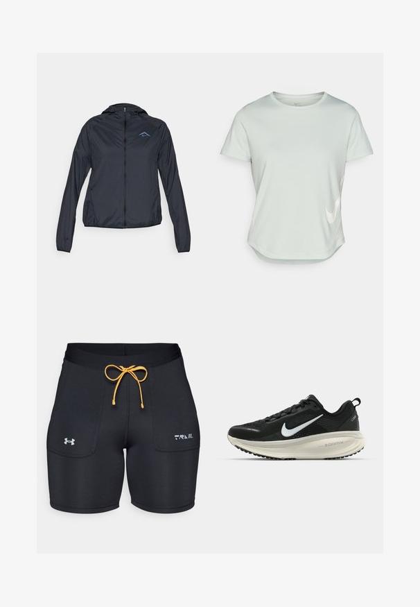 Lightweight, navy blue windbreaker jacket with a full zip, hood, and logo on the upper left chest. Smooth, water-resistant fabric.; Light green short-sleeve athletic shirt with a round neck. Features a white Nike logo on the front and a curved hemline. Smooth texture.; Black athletic shorts with a yellow drawstring, featuring side pockets and silver Under Armour logo. Smooth, stretchy fabric.; Black Nike running shoe with breathable mesh upper, white swoosh logo, textured detailing, and a cream-colored ZoomX midsole.