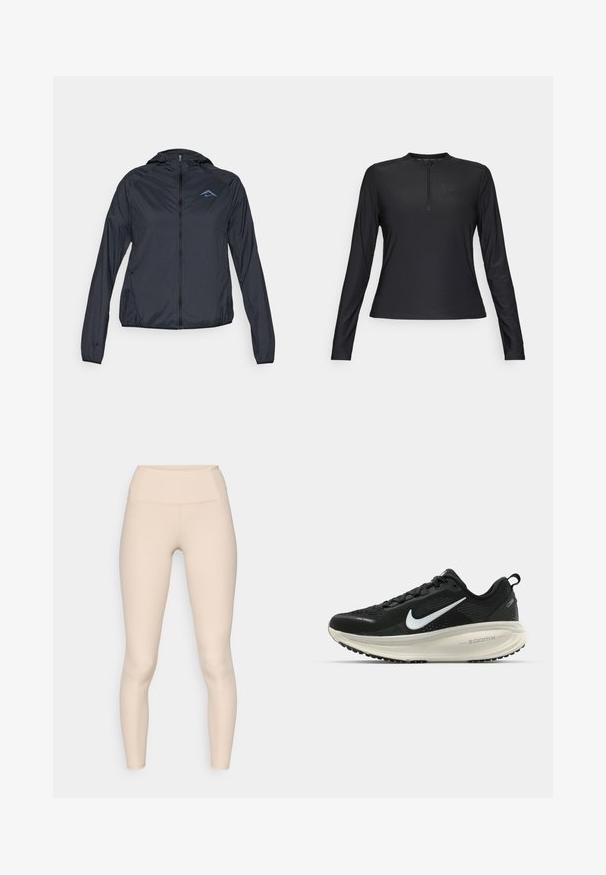 Giacca a vento leggera di colore blu navy, con zip completa, cappuccio e logo sulla parte superiore sinistra del petto. Tessuto liscio e resistente all'acqua.; Maglietta nera a maniche lunghe realizzata in materiale leggero e morbido. Presenta un collo con zip e un logo discreto sul petto.; Leggings beige a coste con vita alta. Presentano una superficie liscia e un design aderente, senza cuciture o loghi visibili.; Scarpa da corsa nera Nike con tomaia in rete traspirante, logo Swoosh bianco, dettagli testurizzati e intersuola ZoomX di colore crema.