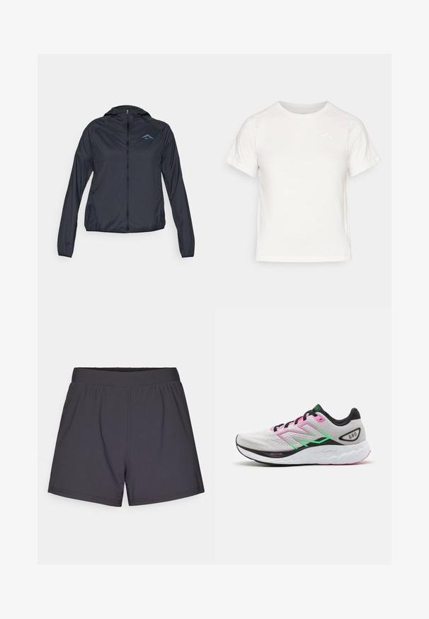 Lengvas, tamsiai mėlynas vėjo prakaitas su pilnu užtrauktuku, kapišonu ir logotipu kairėje krūtinės pusėje. Lygus, vandenį atstumiančio audinio.; Lengvas baltas marškinėliai trumpomis rankovėmis, apvaliu kaklu ir maža logo viršutiniame kairiajame kampe. Lygus audinys su subtiliu blizgesiu.; Juodi sportiniai šortai, pagaminti iš lengvos, elastingos medžiagos. Dėl elastingos juostos ir paprasto, nepuošto dizaino.; Lengvas bėgimo batelis su pilku viršumi, rožinėmis ir žaliomis akcentais bei storu baltu padu su tekstūruotais raštais, pažymėtu „Fresh Foam“.