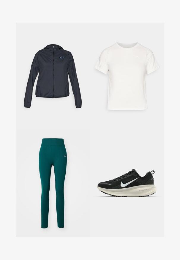 Veste coupe-vent légère de couleur bleu marine avec fermeture éclair intégrale, capuche et logo sur le haut à gauche de la poitrine. Tissu lisse et résistant à l'eau.; T-shirt léger blanc à manches courtes, col rond et avec un petit logo dans le coin supérieur gauche. Tissu lisse avec un léger éclat.; Leggings actifs teal avec une large ceinture, fabriqués en tissu extensible. Présentent une texture lisse et des détails en mesh sur la partie inférieure de la jambe.; Baskets de course noir Nike avec tige respirante en mesh, logo swoosh blanc, détails texturés et semelle intermédiaire ZoomX de couleur crème.