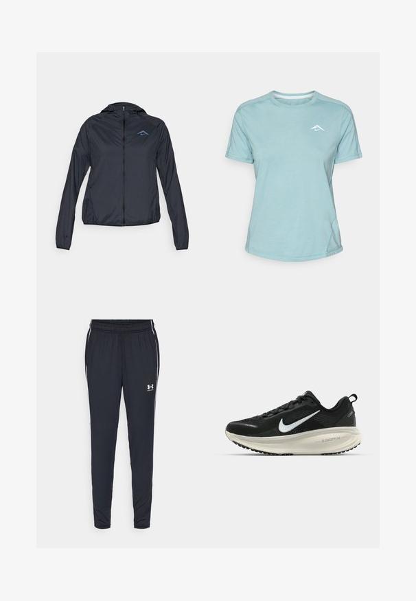 Lightweight, navy blue windbreaker jacket with a full zip, hood, and logo on the upper left chest. Smooth, water-resistant fabric.; Light blue short-sleeve t-shirt made of soft fabric, featuring a round neckline and a small white logo on the chest. Seam detailing visible.; Black athletic pants made of lightweight fabric, featuring a tapered design, elastic waistband, and white side stripes with a logo.; Black Nike running shoe with breathable mesh upper, white swoosh logo, textured detailing, and a cream-colored ZoomX midsole.