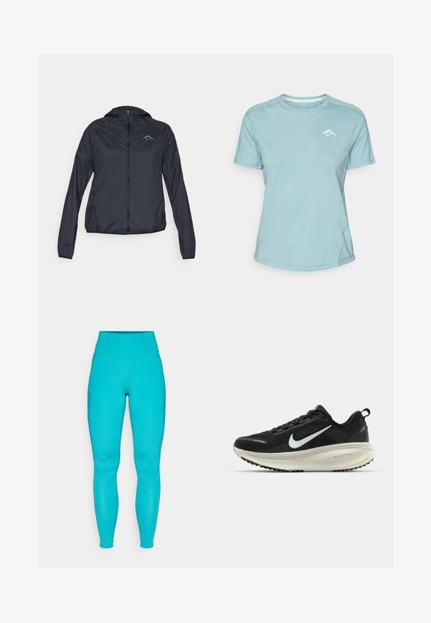 Kevyt, tummansininen tuulitakki, jossa on täysivetoketju, huppu ja logo vasemmassa ylärinnassa. Tasapintainen, vedenkestävä kangas.; Vaaleansininen lyhythihainen t-paita, joka on valmistettu pehmeästä kankaasta. T-paidassa on pyöreä kaula-aukko ja pieni valkoinen logo rinnassa. Sauman yksityiskohdat näkyvät.; Turkoosi leggingsit, joissa on korkea vyötärö, valmistettu joustavasta materiaalista. Ominaisuuksiin kuuluu sileä pinta ja sivusaumat, istuva muotoilu liikkumisen helpottamiseksi.; Mustat Nike-juoksukengät, joissa on hengittävä verkko-osa, valkoinen swoosh-logo, teksturoitu yksityiskohtaus ja kermaisen värinen ZoomX-välipohja.