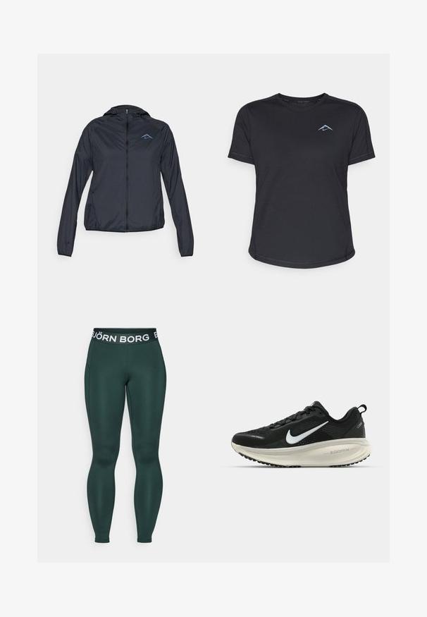 Lengvas, tamsiai mėlynas vėjo prakaitas su pilnu užtrauktuku, kapišonu ir logotipu kairėje krūtinės pusėje. Lygus, vandenį atstumiančio audinio.; Juodas trumpomis rankovėmis sportinis marškinėliai su apvaliu kaklu, sklandžiai išlyginta medžiaga ir atspindintis mėlynas logotipas kairėje krūtinės pusėje. Siuvinėti detalės palei siūles.; Björn Borg ESSENTIAL - Tamprės - scarab; Juodas Nike sportinis batelis su kvėpuojančiu tinklu, baltu swoosh logotipu, tekstūruoto dizaino detalėmis ir grietinėlės spalvos ZoomX viduriu.