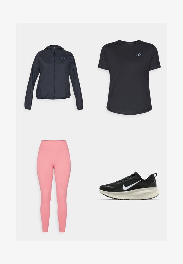 Giacca a vento leggera di colore blu navy, con zip completa, cappuccio e logo sulla parte superiore sinistra del petto. Tessuto liscio e resistente all'acqua.; Maglietta atletica nera a maniche corte con collo rotondo, tessuto liscio e logo blu riflettente sul lato sinistro del petto. Dettagli cuciti lungo le cuciture.; Collant rosa a coste con una cintura alta ed elastica. Tessuto liscio con una vestibilità aderente, adatti per l'abbigliamento sportivo o casual.; Scarpa da corsa nera Nike con tomaia in rete traspirante, logo Swoosh bianco, dettagli testurizzati e intersuola ZoomX di colore crema.