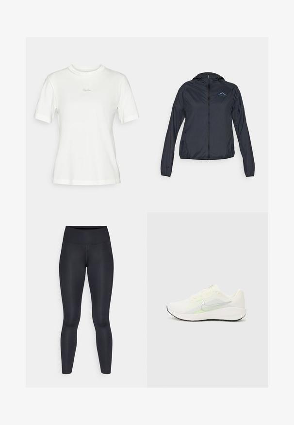 Lightweight, navy blue windbreaker jacket with a full zip, hood, and logo on the upper left chest. Smooth, water-resistant fabric.; White short-sleeve t-shirt made from soft cotton, featuring a round neckline and subtle embroidered "Rapha" logo on the chest.; Black leggings made of smooth, stretchy fabric. High waist with no visible patterns or accents. Fit closely from waist to ankles.; Nike Performance DOWNSHIFTER 13 - Road running shoes - sail/silver-coloured photon dust/summit white/barely volt/black