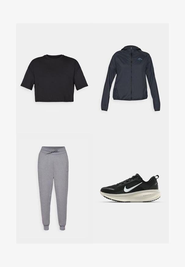 Gaišs, tumši zilas krāsas vējjaka ar pilnu rāvējslēdzēju, kapuci un logotipu kreisajā augšējā krūtī. Gluda, ūdensizturīga auduma.; Melnā īsā tops ar mīkstu audumu, ar apaļu kakla izgriezumu un īsām, platām piedurknēm, ar vienkāršu, bezšuvju dizainu.; Pelēkas, sašaurinātas sporta bikses ar jostu ar auklu, elastīgiem uzmavām un diskrētu Nike logo uz kreisās augšstilba. Mīksts, teksturēts audums.; Melnas Nike skriešanas kurpes ar elpojošu acs augšdaļu, baltu Swoosh logotipu, strukturētu apdari un krēmkrāsas ZoomX starpsole.