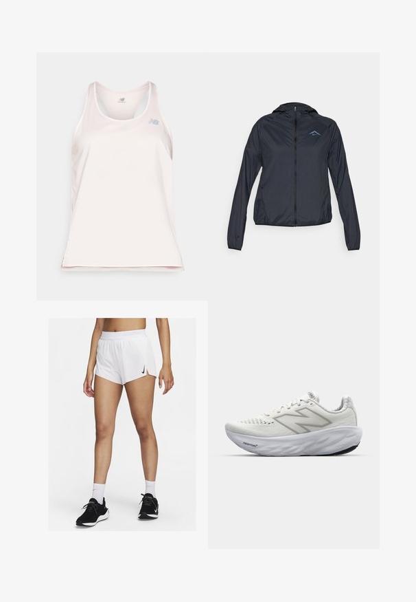 Casaco corta-vento leve, azul marinho, com fecho integral, capuz e logotipo no lado superior esquerdo do peito. Tecido suave e resistente à água.; Top atlético sem mangas em rosa claro, apresentando um decote redondo, textura canelada e um discreto logo prateado na parte superior esquerda.; Calções atléticos brancos com cós canelado, fendas laterais e um logótipo preto da Nike. Usados com ténis pretos e meias brancas até ao meio da canela.; Ténis atléticos brancos com parte superior em malha, apresentando um colarinho acolchoado, sola texturizada e a marcação "Fresh Foam" na entressola.