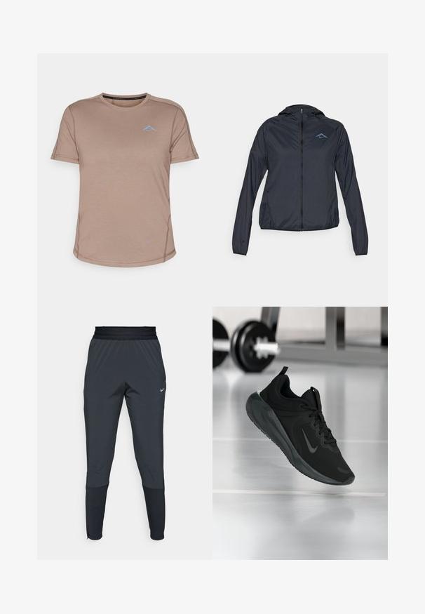 Jachetă ușoară de vânt, de culoare albastru marin, cu fermoar complet, glugă și logo pe partea superioară stângă a pieptului. Material neted, rezistent la apă.; Tricou athletic cu mânecă scurtă, de culoare maro deschis, cu un guler rotund, accente în nuanță de albastru, cusături plate și textură de material respirabil.; Pantaloni sport Nike de culoare gri închis, cu un design cu picior tapered, talie elastică și detalii accentuate lângă manșete.; Tenisii sport negru cu logo-ul Nike, arătați în aer deasupra podelei de sală de sport, cu un suport pentru haltere neclar în fundal.