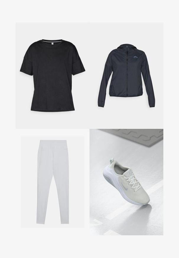 Lehká, námořnická modrá větrovka s plným zipem, kapucí a logem na horní levé části hrudi. Hladká, voděodolná tkanina.; Černé tričko s krátkým rukávem vyrobené z texturované tkaniny s jemným vlnkovým vzorem, které má kulatý výstřih a volný střih.; Bílé legíny vyrobené z pružného materiálu, s vysokým pasem, hladkým povrchem a bez viditelných švů či ozdob.; Světle šedá sportovní obuv s síťovaným svrškem, kruhovým vzorem, bílými akcenty, plochými tkaničkami a texturovanou podrážkou pro lepší přilnavost.