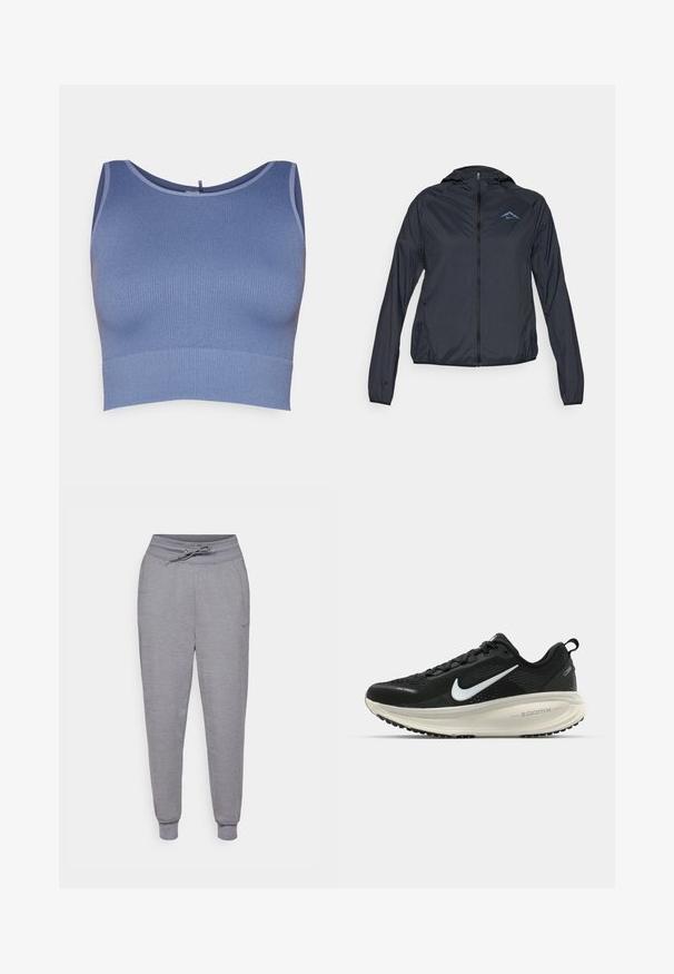 Gaišs, tumši zilas krāsas vējjaka ar pilnu rāvējslēdzēju, kapuci un logotipu kreisajā augšējā krūtī. Gluda, ūdensizturīga auduma.; Zils ribots crop tops ar apaļu kakla izgriezumu un pieguļošu dizainu. Materiāls ir ar gludu tekstūru, un malās ir atšķirīgu krāsu šuves.; Pelēkas, sašaurinātas sporta bikses ar jostu ar auklu, elastīgiem uzmavām un diskrētu Nike logo uz kreisās augšstilba. Mīksts, teksturēts audums.; Melnas Nike skriešanas kurpes ar elpojošu acs augšdaļu, baltu Swoosh logotipu, strukturētu apdari un krēmkrāsas ZoomX starpsole.