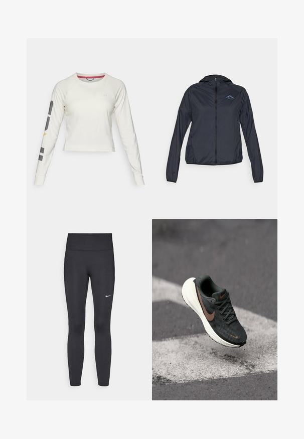 Leichter, navyblauer Windbreaker mit vollem Reißverschluss, Kapuze und Logo auf der oberen linken Brust. Glattes, wasserabweisendes Material.; Helles Creme-langärmliges Cropped-Top mit Raglanärmeln, das ein kleines Logo auf der Brust und grafische Akzente auf dem linken Ärmel zeigt.; Schwarze Leggings aus elastischem Stoff, mit einem hohen Bund und einem weißen Nike-Logo auf dem linken Oberschenkel. Glatte Textur, figurbetontes Design.; Schwarzer Mesh-Laufschuh mit strukturiertem Obermaterial, einem braunen Nike-Swoosh und einer weißen gepolsterten Sohle, die über einer grauen Fläche schwebt.