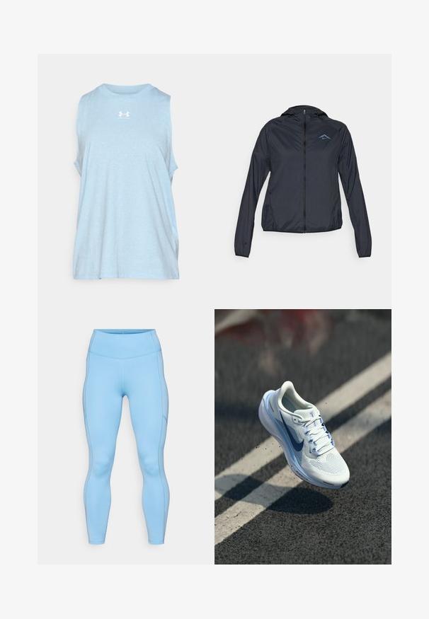 Lettvekts, navy blå vindjakke med full glidelås, hette og logo på øvre venstre bryst. Glatt, vannavvisende stoff.; Lyseblå ermeløs skjorte laget av myk stoff. Rund hals og løs passform, med en hvit logo på brystet. Ingen synlige mønstre eller detaljer.; Lys blå leggings laget av elastisk stoff. Har høy midje, jevn tekstur og buede sømmer langs beina.; Hvit atletisk sko med pustende nettingoverdel og blå detaljer. Har en polstret såle og flate lisser. Mellomsålen viser "Air Zoom"-merket.