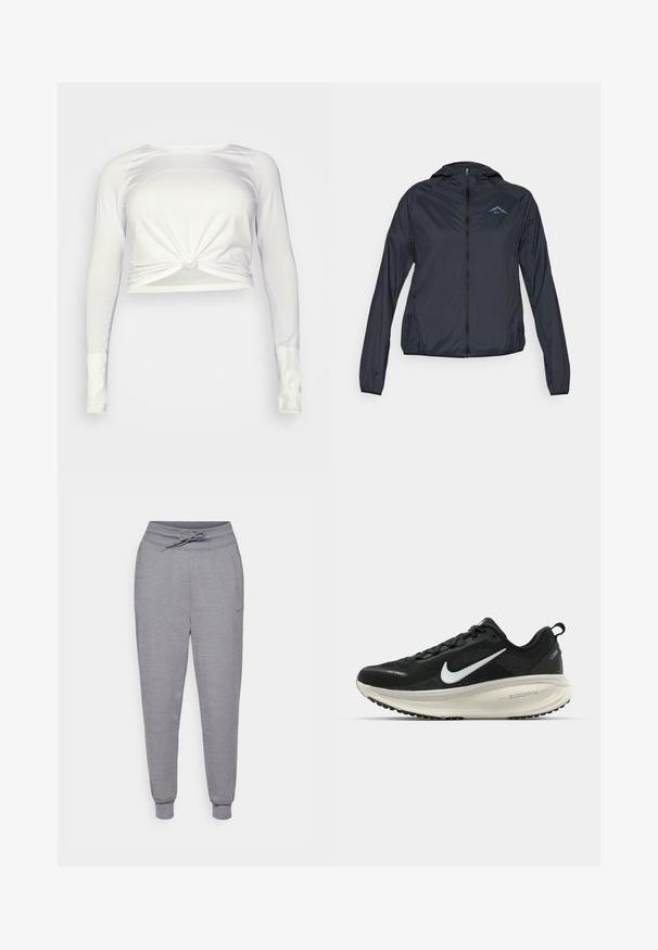 Lightweight, navy blue windbreaker jacket with a full zip, hood, and logo on the upper left chest. Smooth, water-resistant fabric.; lululemon SWIFTLY TECH LONG SLEEVE - Long sleeved top - white/white; Gray tapered sweatpants with a drawstring waist, elastic cuffs, and a subtle Nike logo on the left thigh. Soft, textured fabric.; Black Nike running shoe with breathable mesh upper, white swoosh logo, textured detailing, and a cream-colored ZoomX midsole.