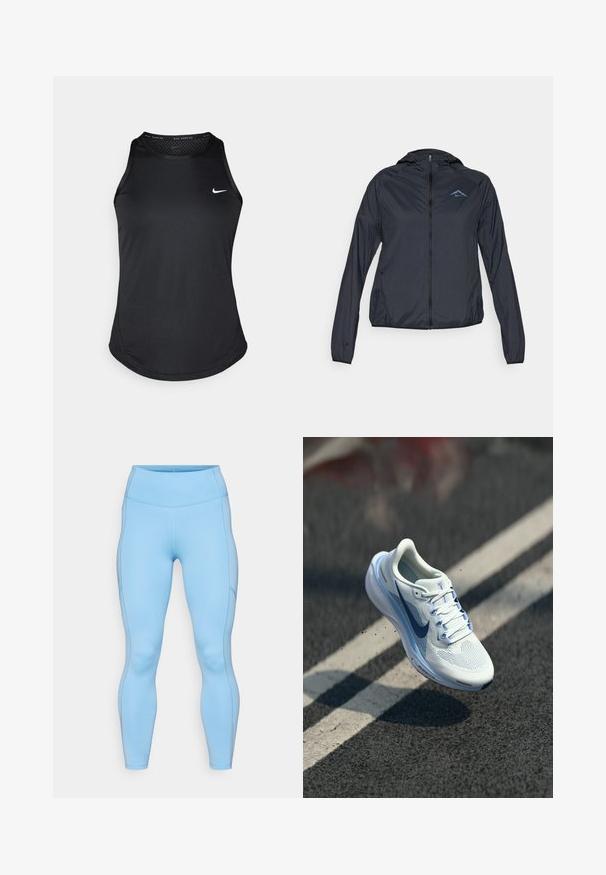 Lightweight, navy blue windbreaker jacket with a full zip, hood, and logo on the upper left chest. Smooth, water-resistant fabric.; Nike sleeveless black running tank top, featuring a round neck, smooth texture, and a small white logo on the left chest.; Light blue leggings made of stretchy fabric. Features a high waistband, smooth texture, and curved seams along the legs.; White athletic shoe with breathable mesh upper and blue accents. Features a cushioned sole and flat laces. Midsole displays "Air Zoom" branding.