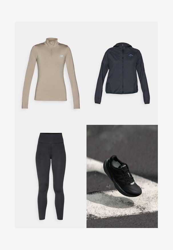 Leichter, navyblauer Windbreaker mit vollem Reißverschluss, Kapuze und Logo auf der oberen linken Brust. Glattes, wasserabweisendes Material.; Beige langärmliges Sportoberteil mit hohem Kragen und Viertelreißverschluss. Verfügt über ein kleines hellblaues Logo auf der oberen linken Brust. Glatte Textur.; Hoch geschnittene schwarze Leggings aus dehnbarem Material, mit glatter Textur und enganliegendem Design, minimalen Nähten.; Schwarzer Laufschuh mit strukturiertem Obermaterial, schlankem Design und reflektierenden Akzenten. Verfügt über eine weiche, gepolsterte Sohle für Komfort.