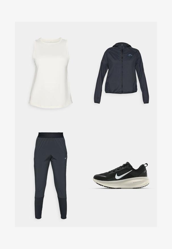 Leichter, navyblauer Windbreaker mit vollem Reißverschluss, Kapuze und Logo auf der oberen linken Brust. Glattes, wasserabweisendes Material.; Ärmelloses weißes Top aus glattem Stoff mit rundem Halsausschnitt und geschwungenem Saum. Einfaches Design ohne Muster oder Verzierungen.; Dunkle graue Nike Sporthosen mit einem schmal zulaufenden Bein-Design, elastischem Bund und Akzentdetails in der Nähe der Bündchen.; Schwarzer Nike-Laufschuh mit atmungsaktivem Mesh-Obermaterial, weißem Swoosh-Logo, strukturierten Details und einer cremefarbenen ZoomX-Zwischensohle.