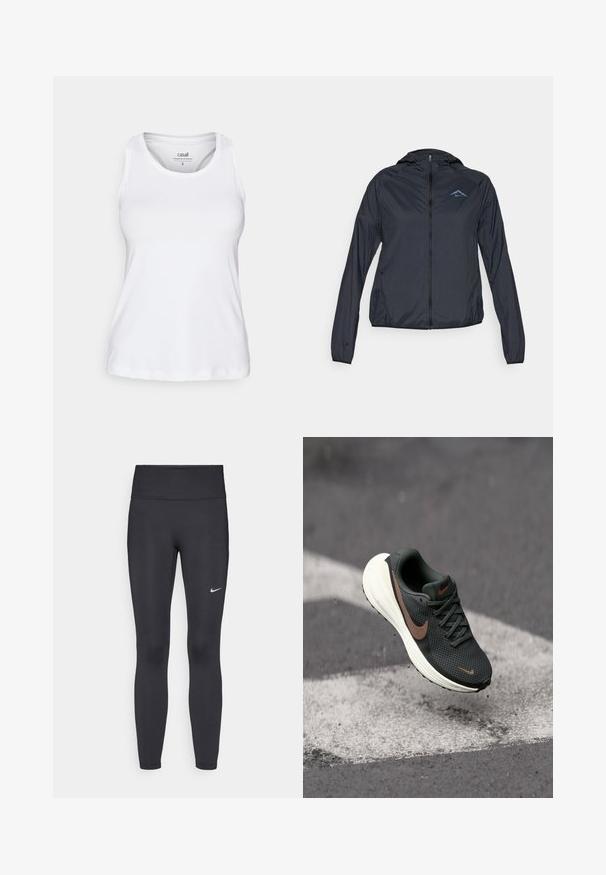 Lehká, námořnická modrá větrovka s plným zipem, kapucí a logem na horní levé části hrudi. Hladká, voděodolná tkanina.; Bílý bezrámový top vyrobený z lehkého, hladkého materiálu. Disponuje kulatým výstřihem a uvolněným střihem, ideální pro sportovní oblečení.; Černé legíny vyrobené z elastického materiálu, s vysokým pasem a bílým logem Nike na levém stehně. Hladká textura, přiléhavý střih.; Černá síťovaná běžecká obuv s texturovaným svrškem, hnědým logem Nike a bílou polstrovanou podrážkou, vznášející se nad šedým povrchem.